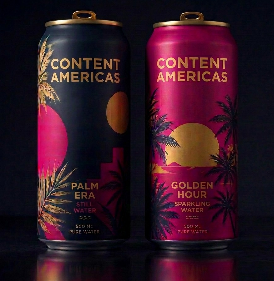 Content Americas branded water cans, lit against a dark backdrop